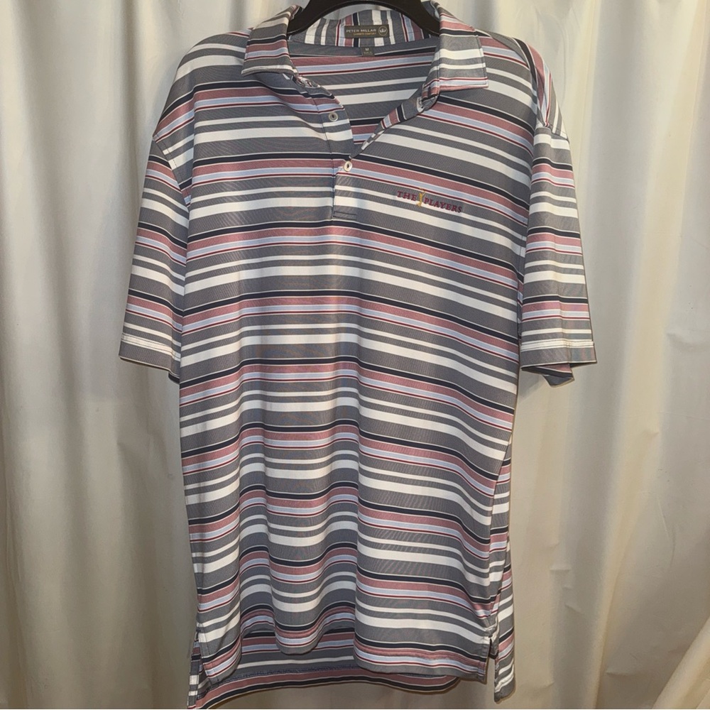 Peter Millar Men's Striped Polo Shirt - Summer Comfort Gray, Red, and White
